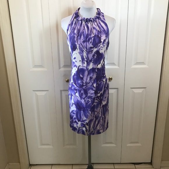 Taylor Silk Purple Floral Shift Dress Ruffle Neck - Picture 2 of 8